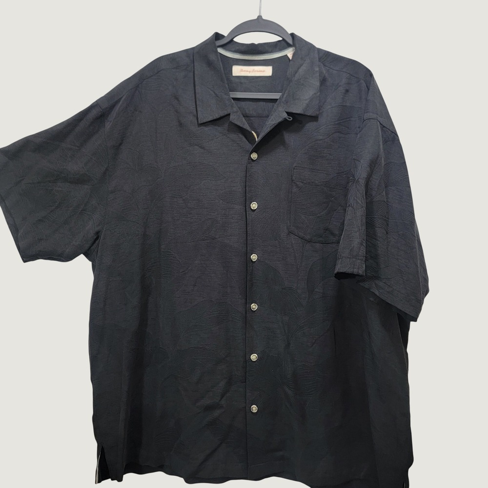 Tommy Bahama Men XXL Black Silk Jacquard Six Flights A Day Wine Embroidery Shirt - Picture 2 of 14